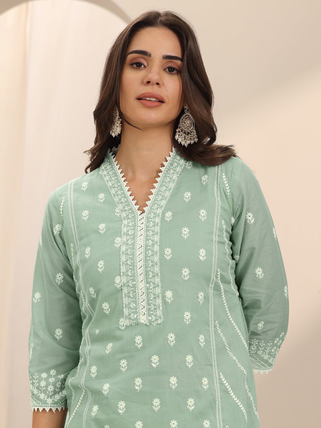  Green Embroidered Cotton Straight Suit Set With Dupatta 