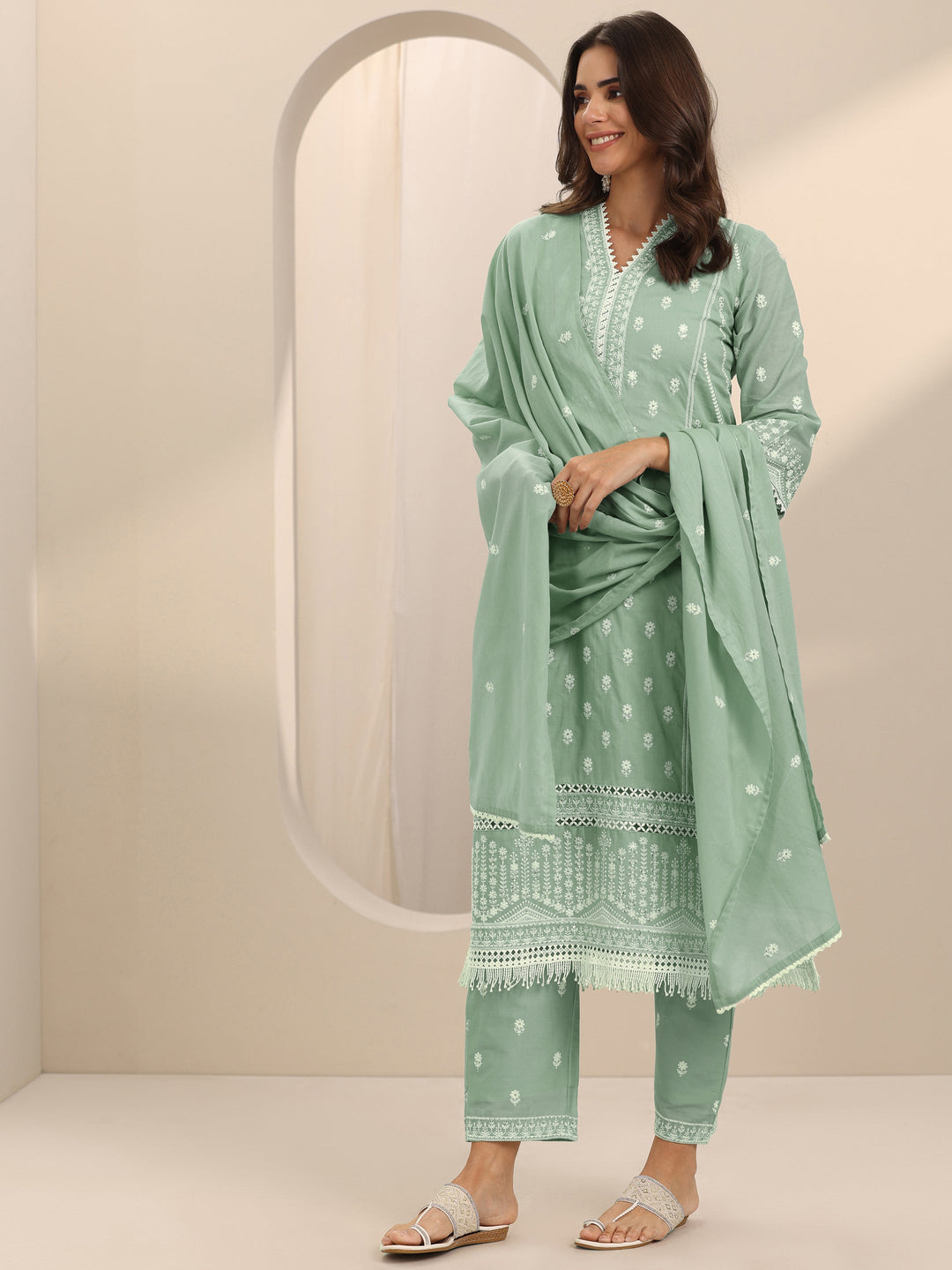  Green Embroidered Cotton Straight Suit Set With Dupatta 