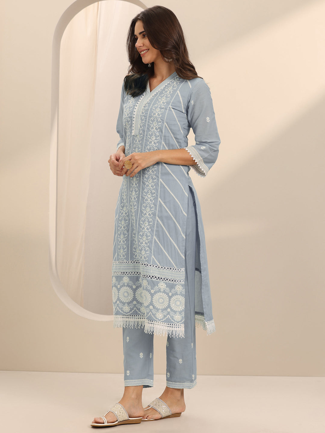  Blue Embroidered Cotton Straight Suit Set With Dupatta 