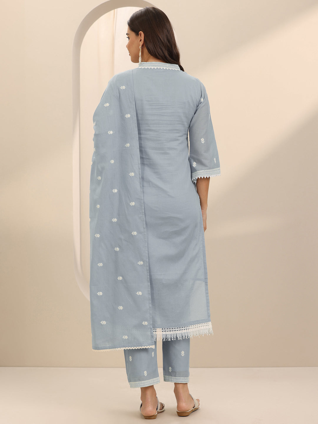  Blue Embroidered Cotton Straight Suit Set With Dupatta 