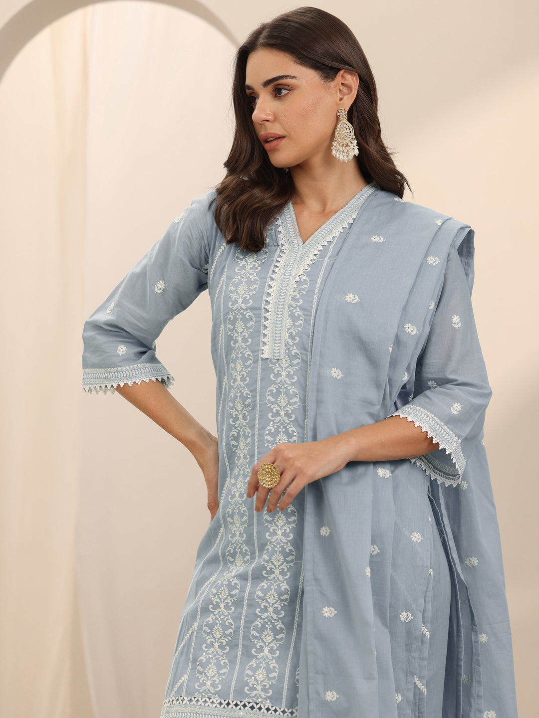  Blue Embroidered Cotton Straight Suit Set With Dupatta 