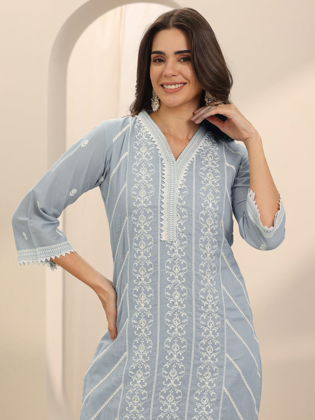  Blue Embroidered Cotton Straight Suit Set With Dupatta 