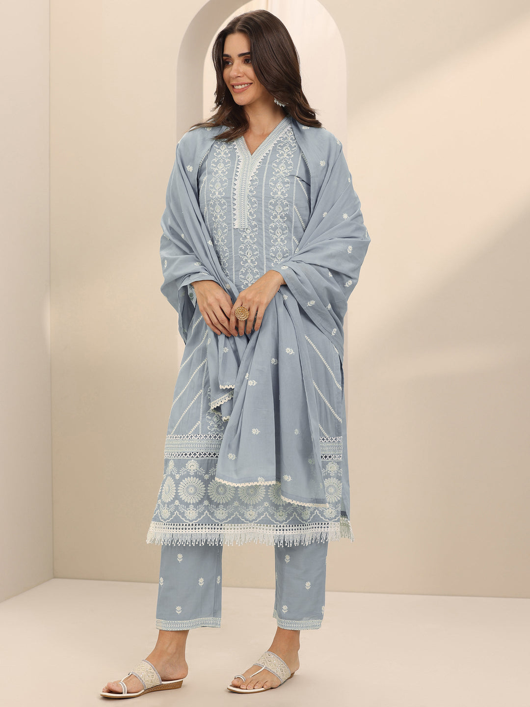  Blue Embroidered Cotton Straight Suit Set With Dupatta 