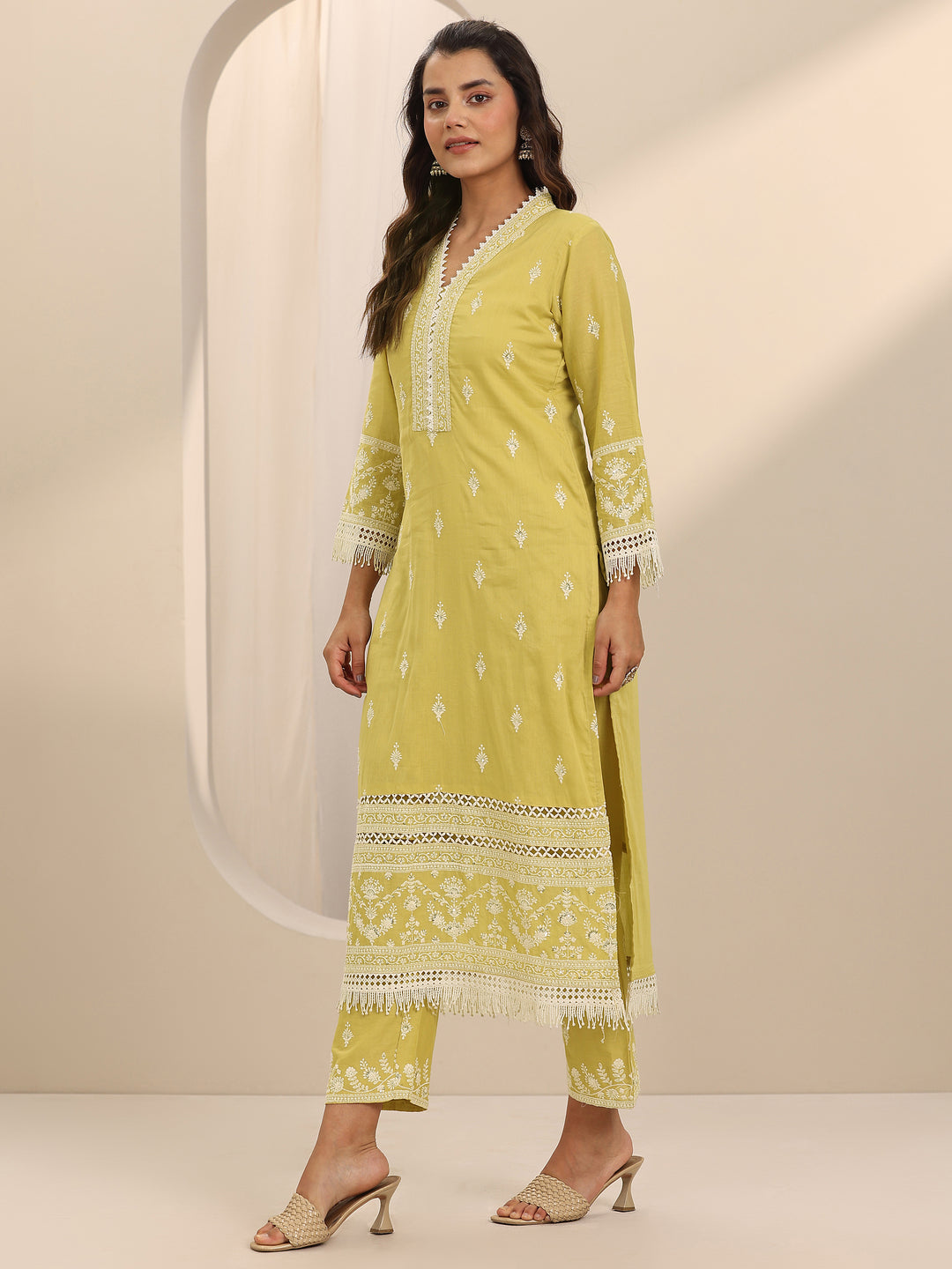  Yellow Embroidered Cotton Straight Suit Set With Dupatta 