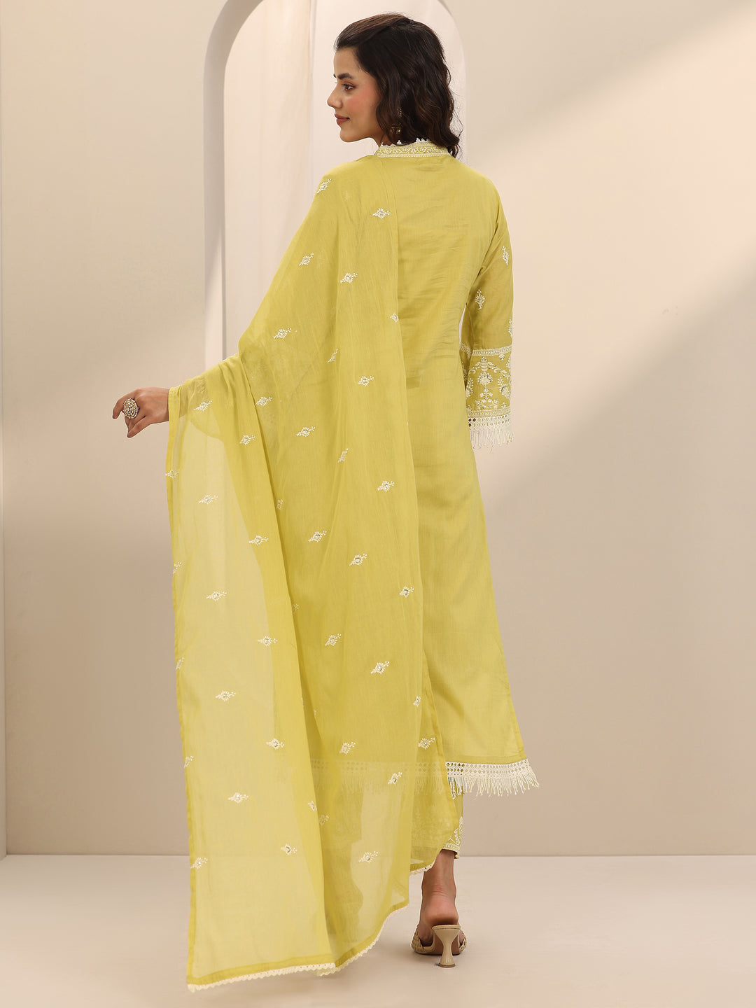  Yellow Embroidered Cotton Straight Suit Set With Dupatta 
