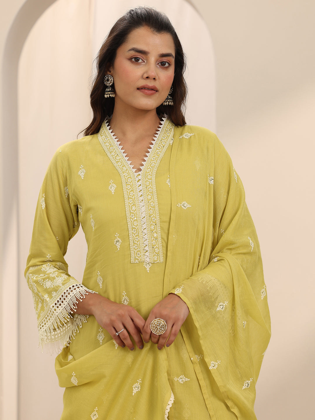  Yellow Embroidered Cotton Straight Suit Set With Dupatta 