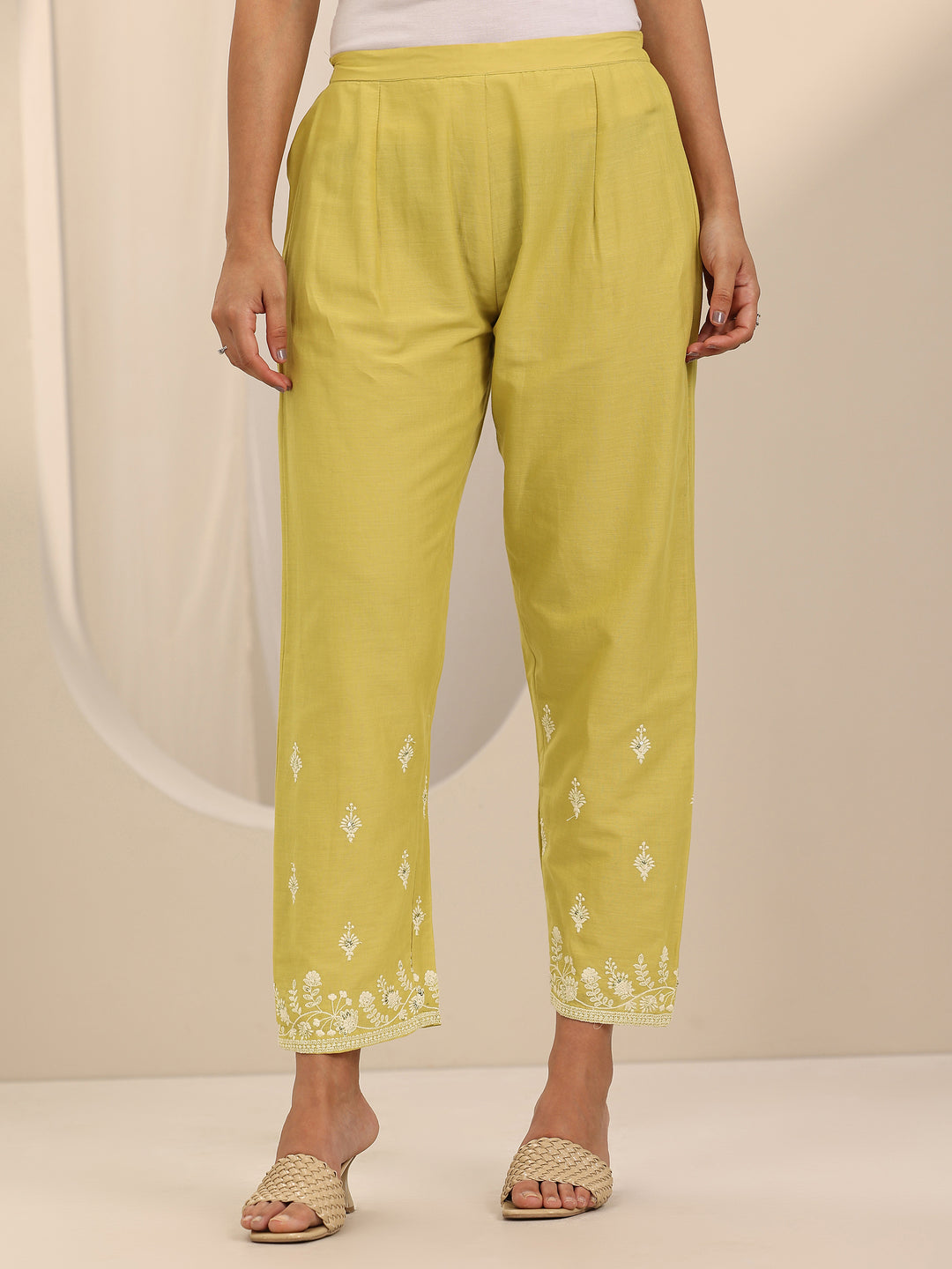  Yellow Embroidered Cotton Straight Suit Set With Dupatta 