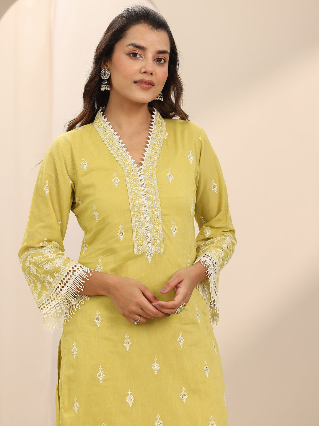  Yellow Embroidered Cotton Straight Suit Set With Dupatta 