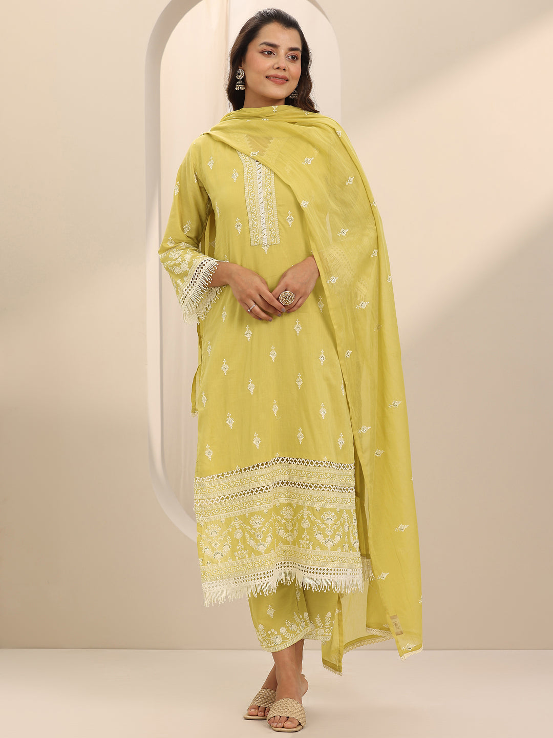  Yellow Embroidered Cotton Straight Suit Set With Dupatta 