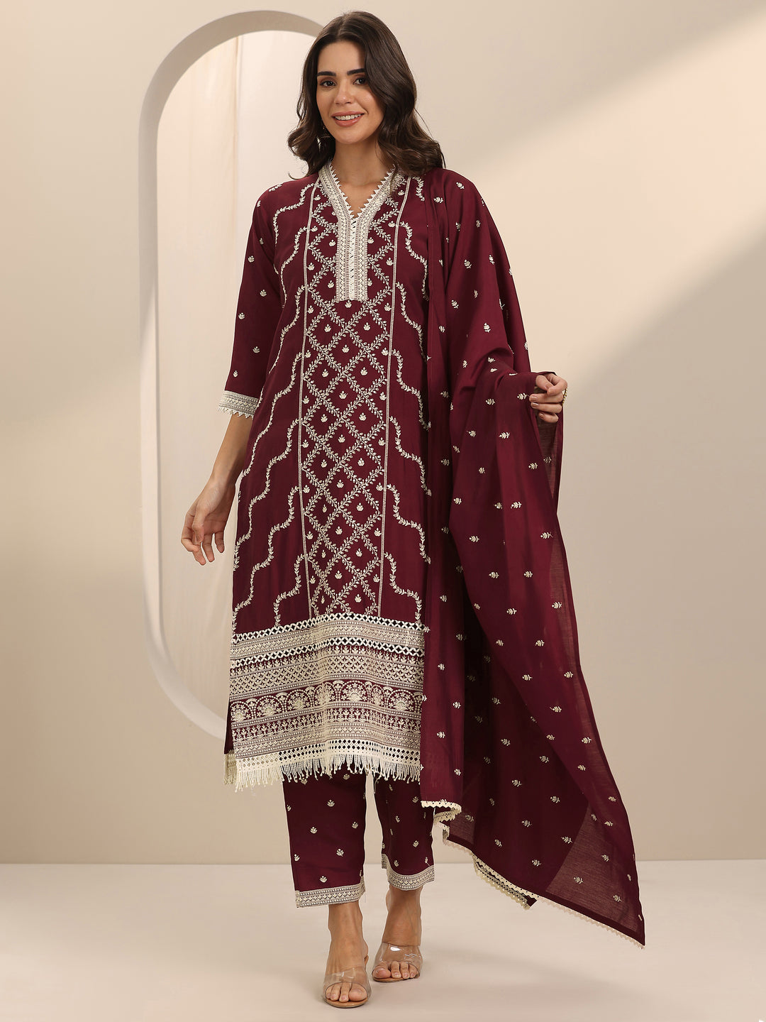  Maroon Embroidered Silk Blend Straight Suit Set With Dupatta 