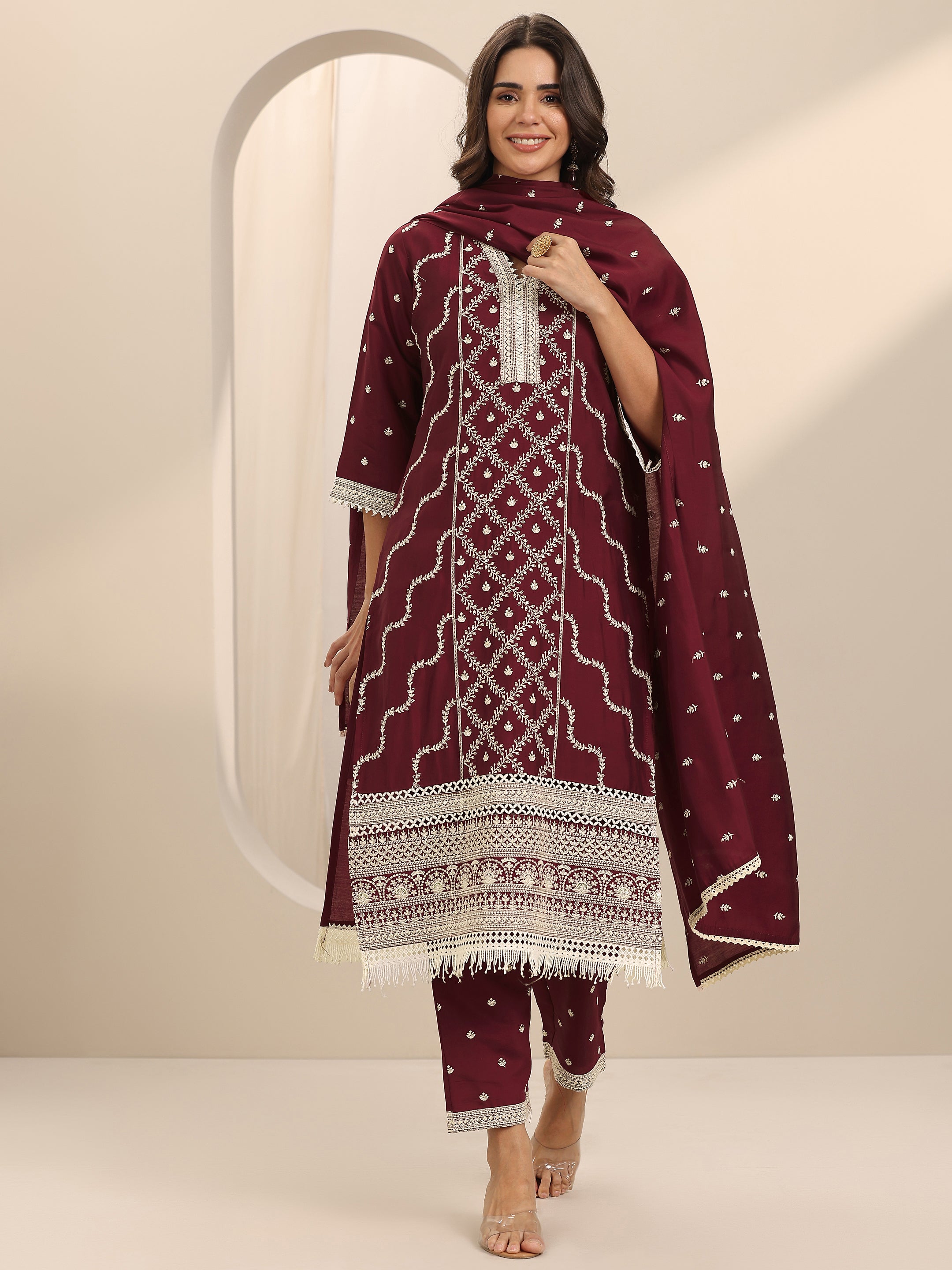 libas Maroon Embroidered Silk Blend Straight Suit Set With Dupatta-picture-58