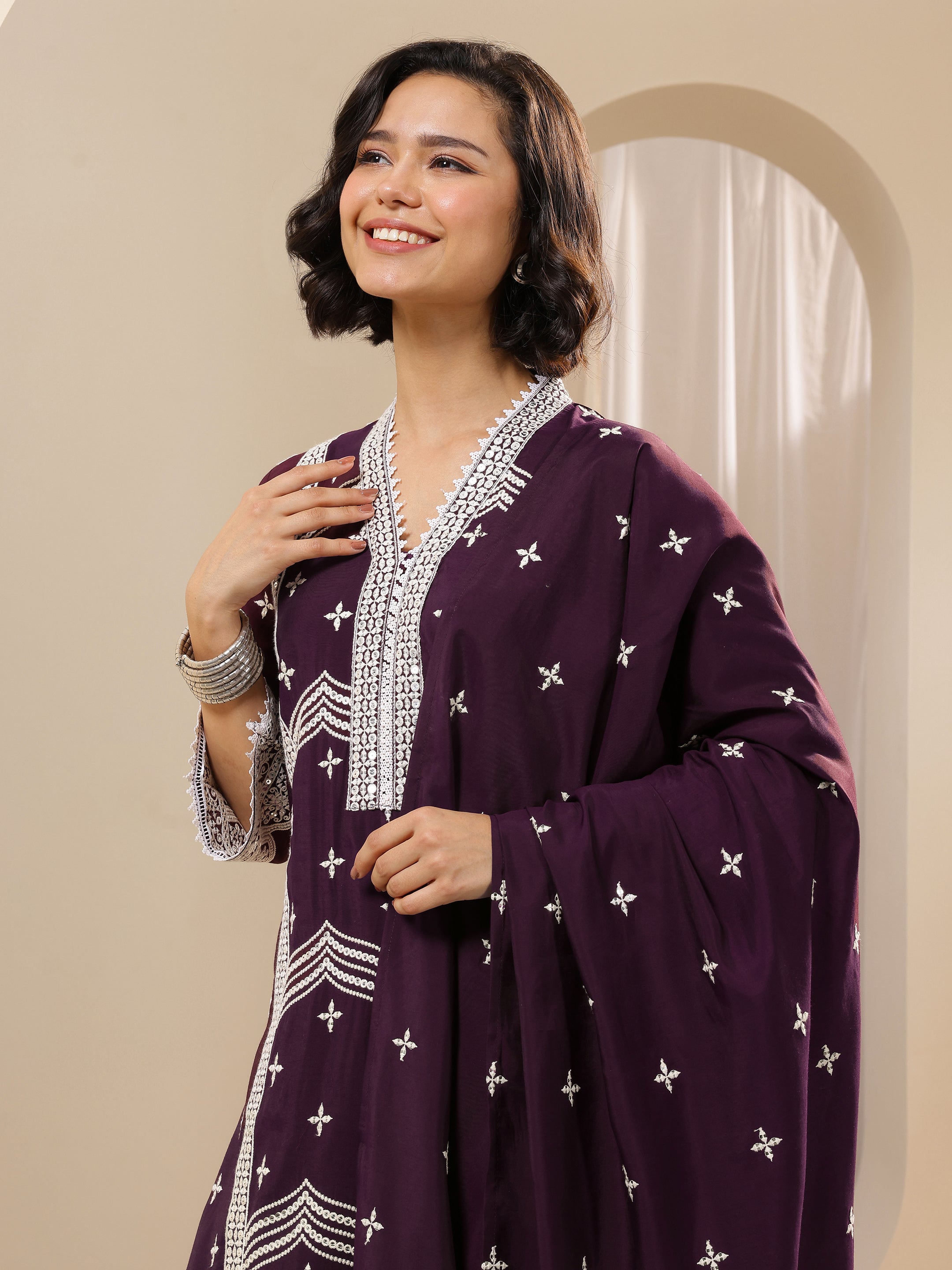libas Burgundy Embroidered Silk Blend Straight Suit Sets With Dupatta-picture-54