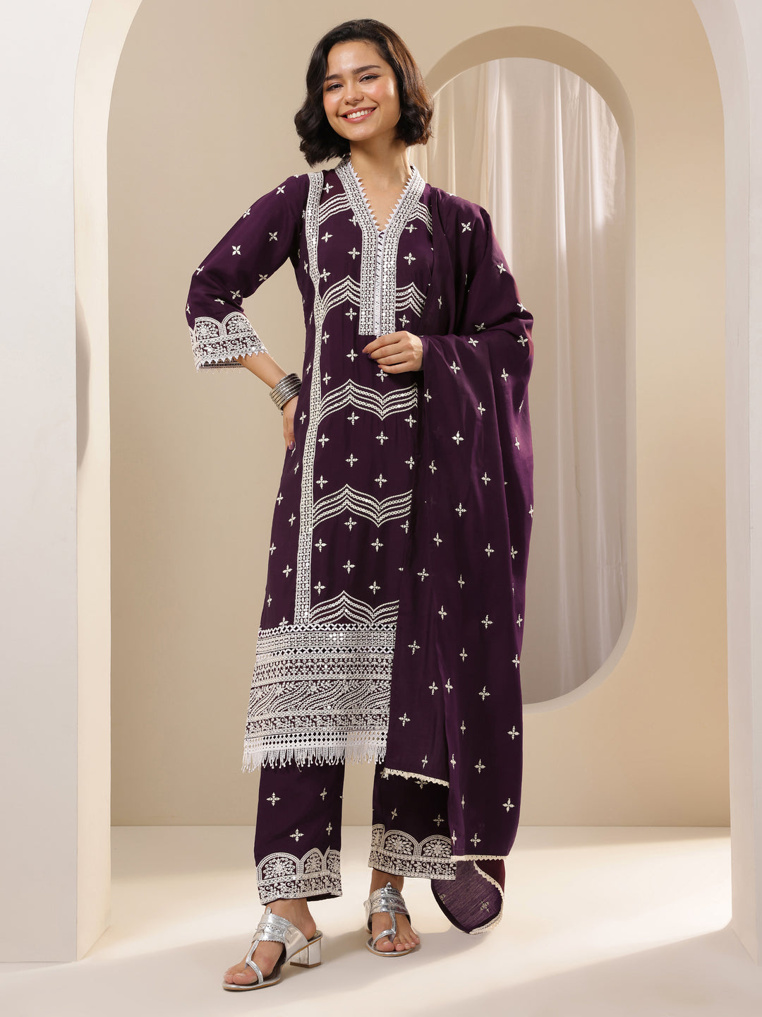  Burgundy Embroidered Silk Blend Straight Suit Sets With Dupatta 