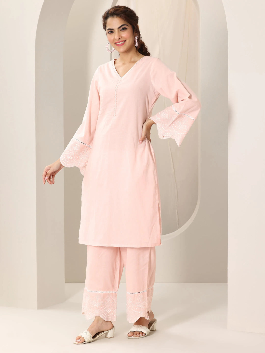  Pink Solid Cotton Straight Suit Set With Dupatta 