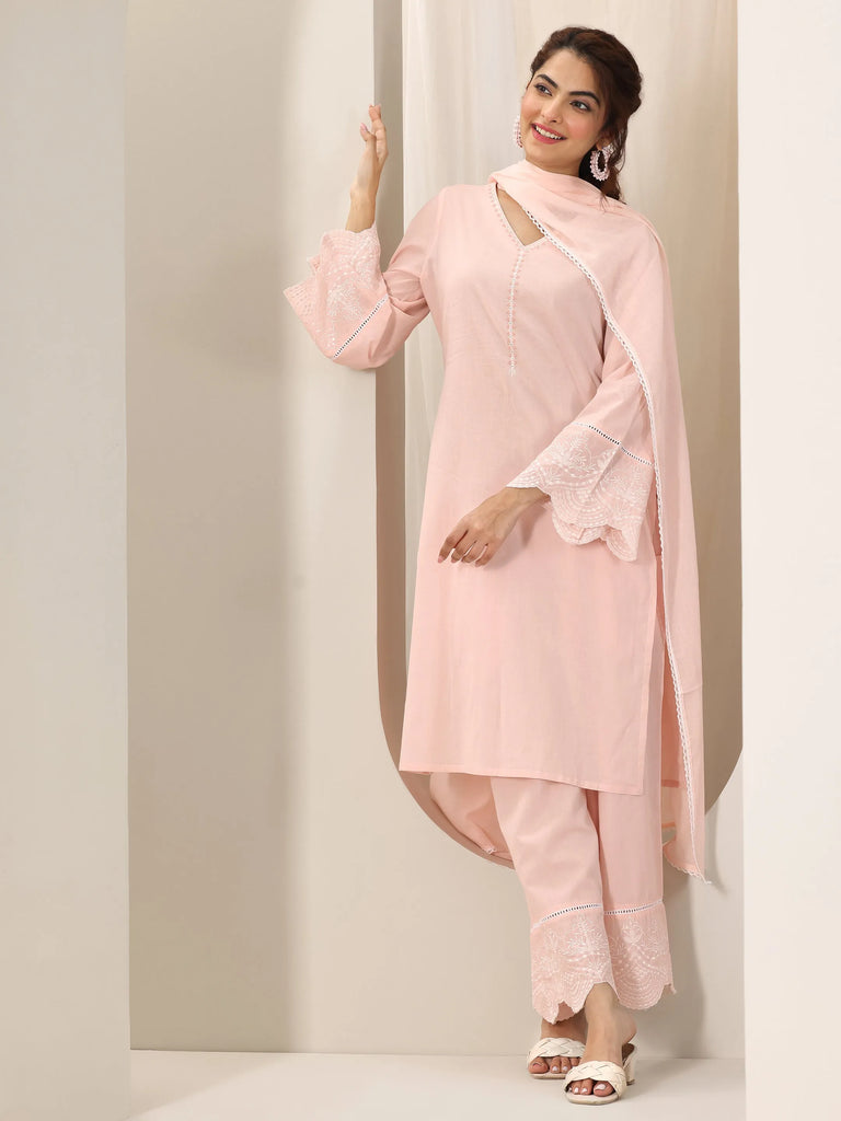 Libas Pink Solid Cotton Straight Suit Set With Dupatta
