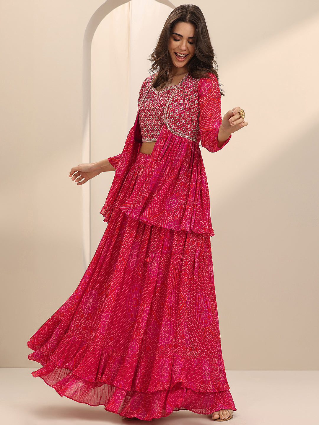  Red Printed Silk Blend Co-Ord Sets 
