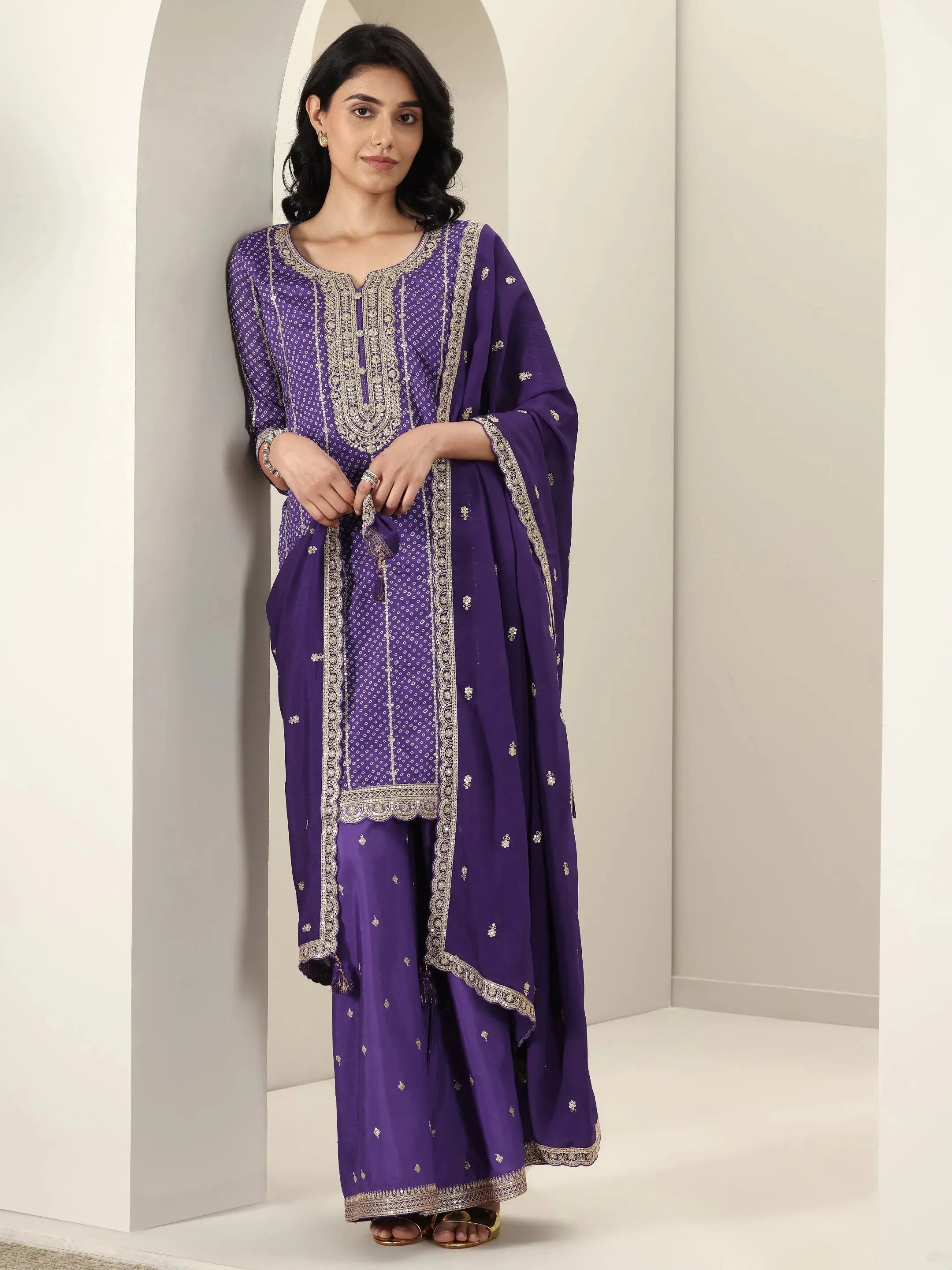 libas Purple Printed Silk Blend Straight Suit Sets With Dupatta-picture-64