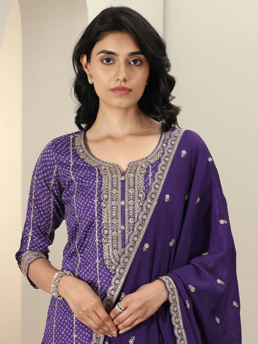  Purple Printed Silk Blend Straight Suit Sets With Dupatta 
