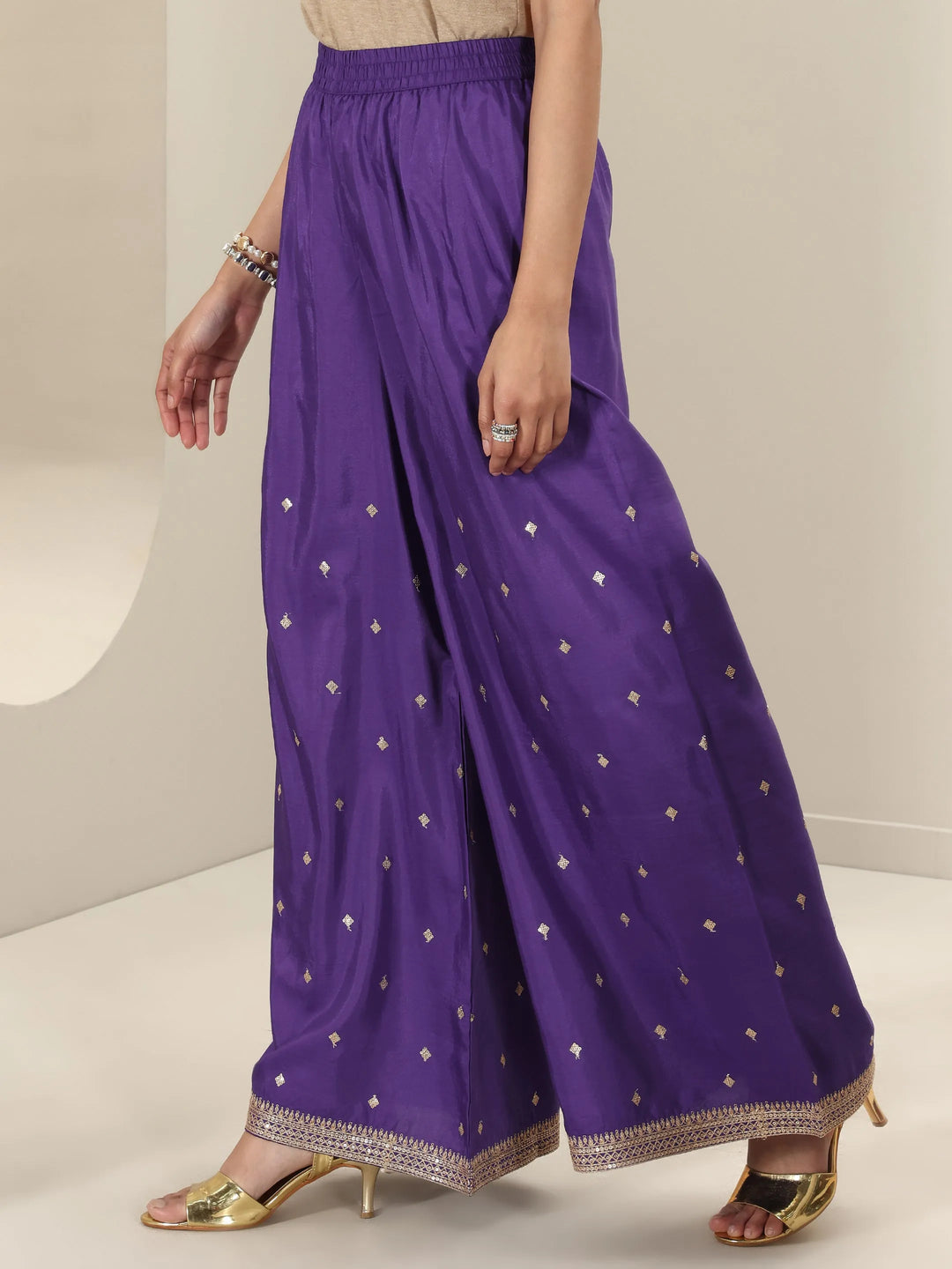  Purple Printed Silk Blend Straight Suit Sets With Dupatta 