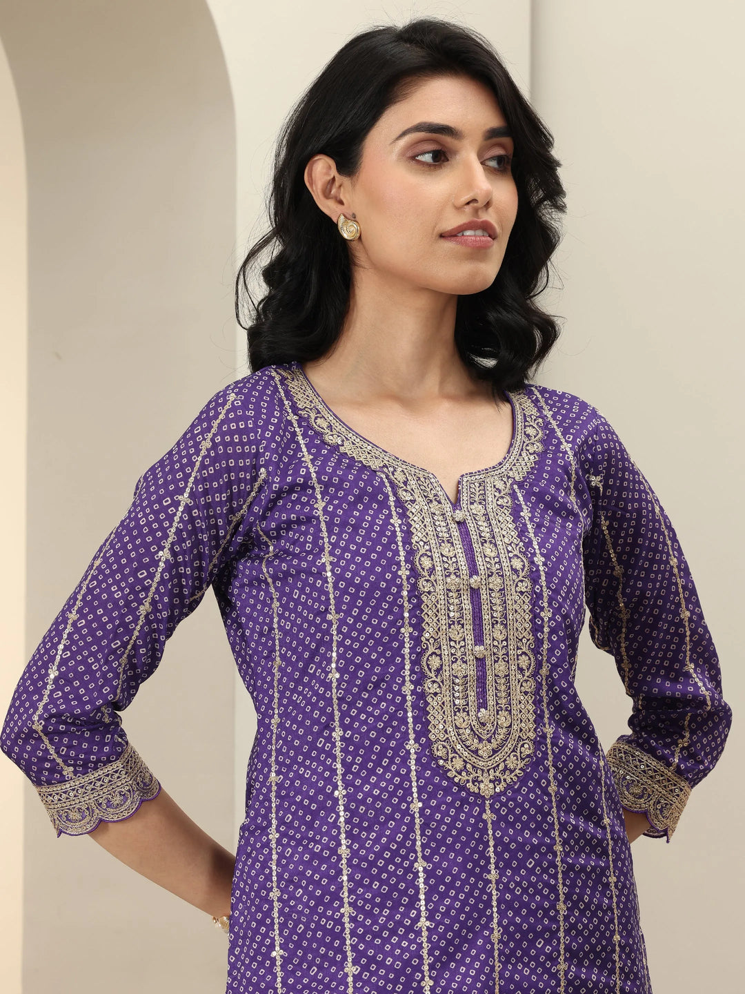  Purple Printed Silk Blend Straight Suit Sets With Dupatta 