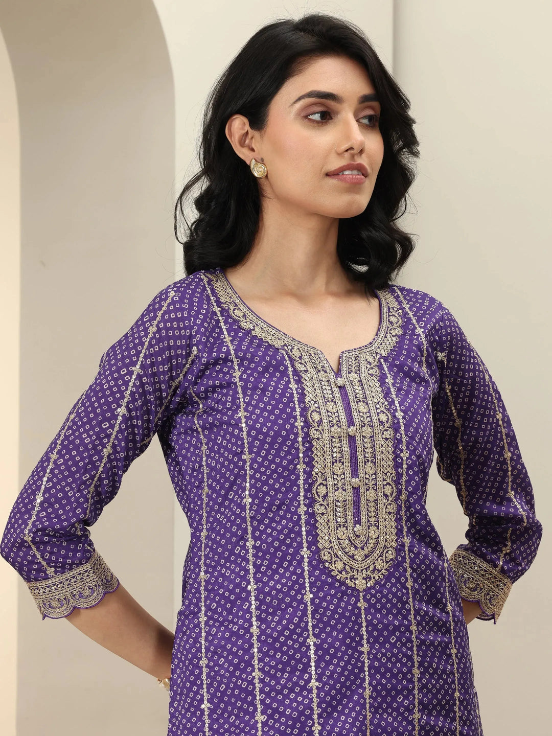  Purple Printed Silk Blend Straight Suit Sets With Dupatta 