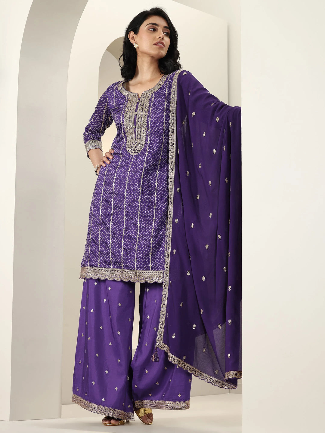  Purple Printed Silk Blend Straight Suit Sets With Dupatta 