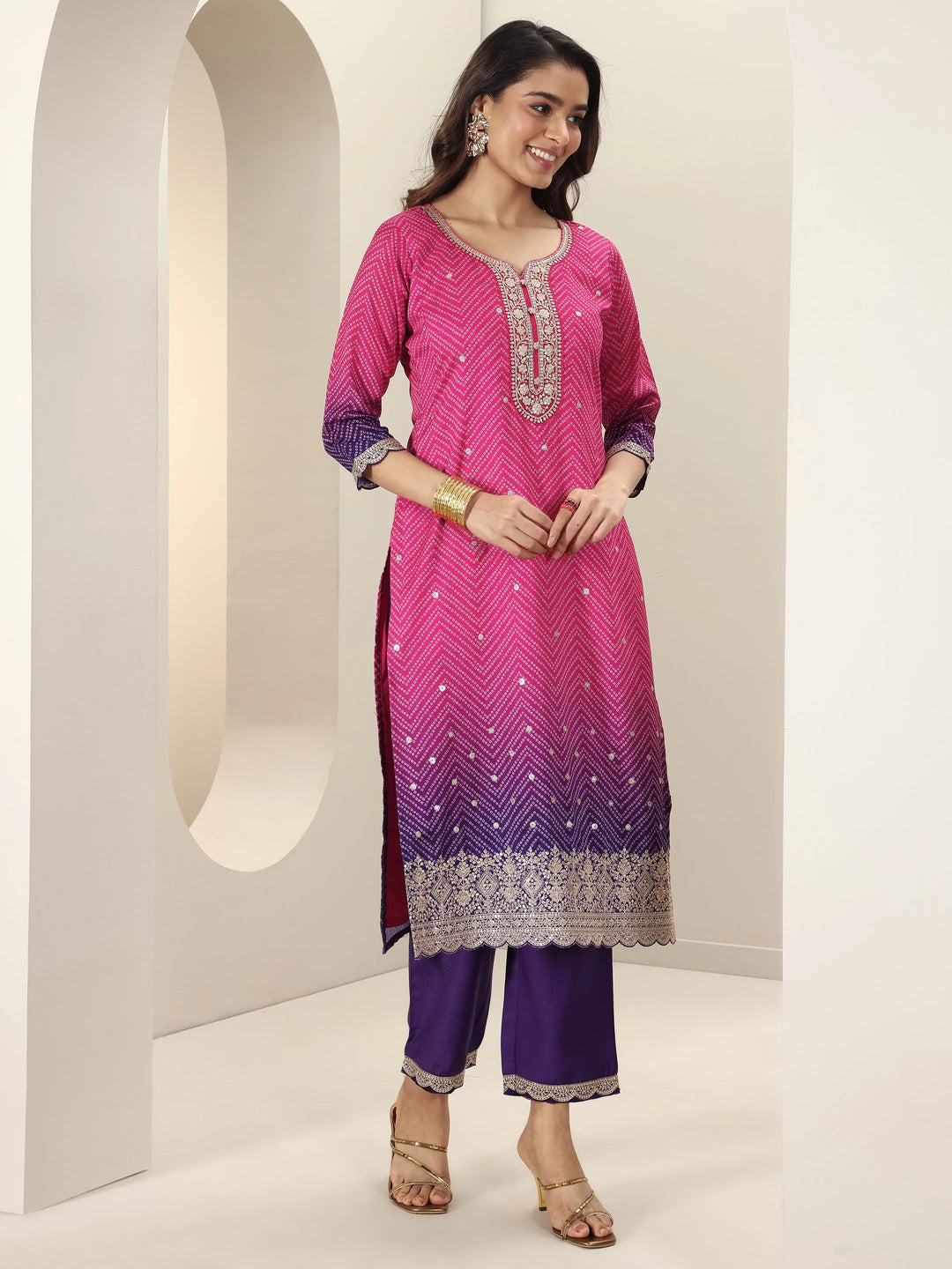  Pink Printed Chinon Straight Suit Sets With Dupatta 