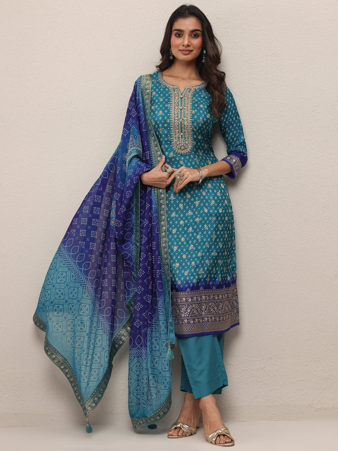  Blue Bandhani Printed Silk Blend Straight Suit Set With Dupatta 