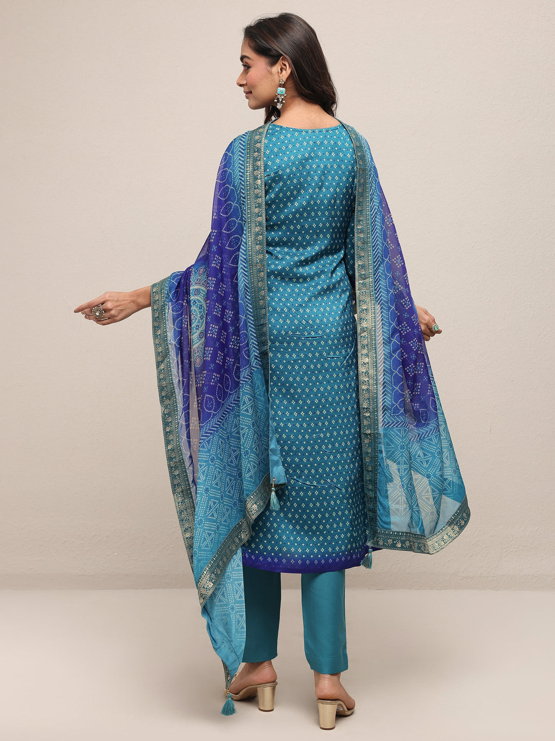  Blue Bandhani Printed Silk Blend Straight Suit Set With Dupatta 