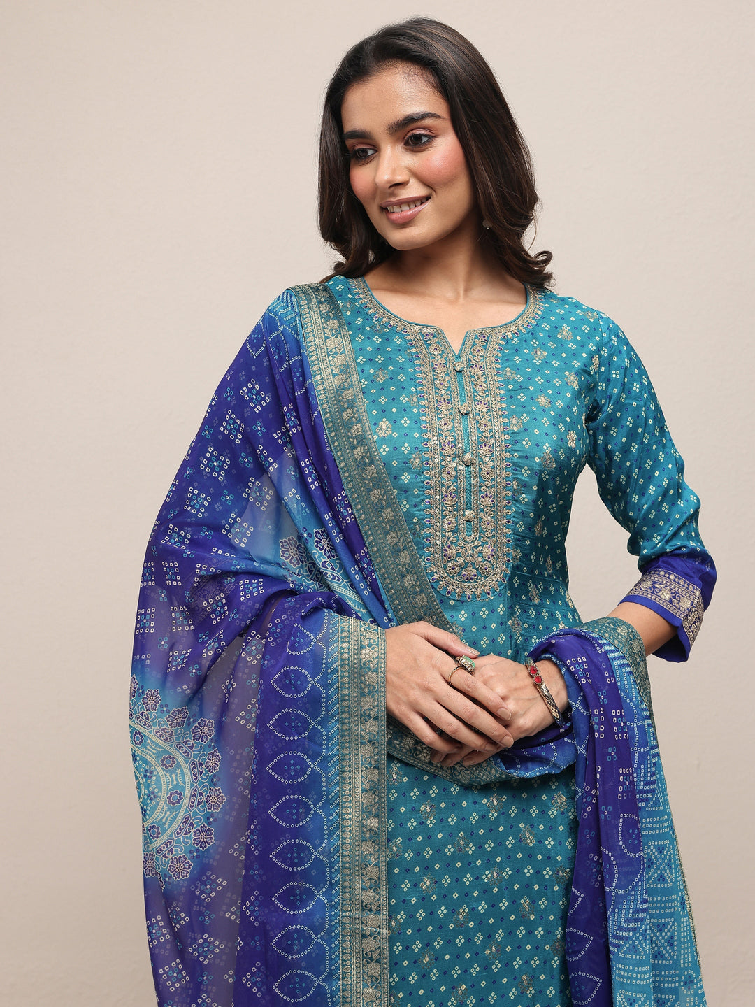  Blue Bandhani Printed Silk Blend Straight Suit Set With Dupatta 