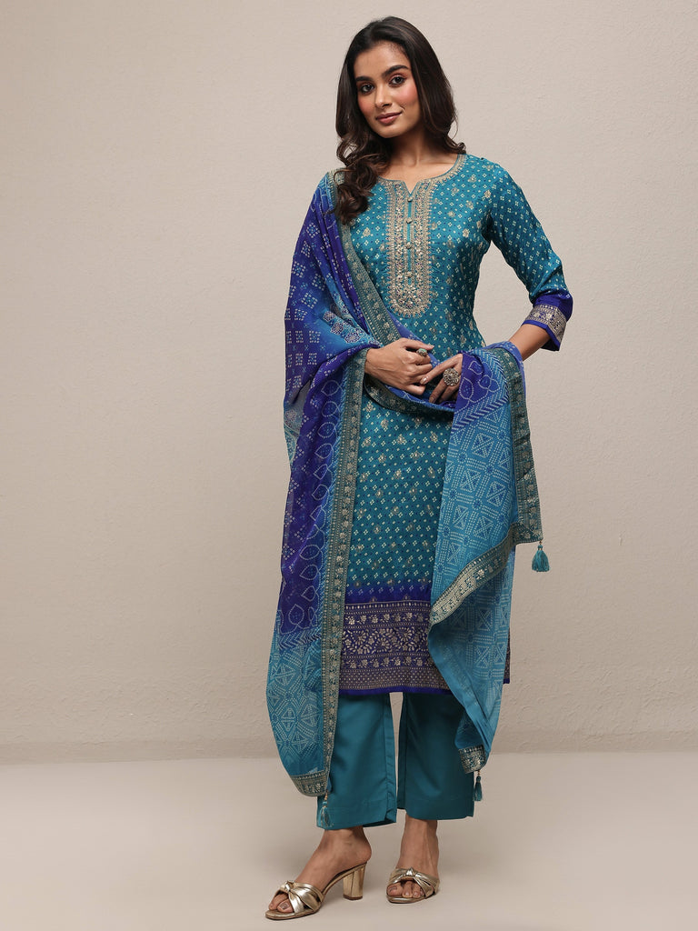 Libas Blue Bandhani Printed Silk Blend Straight Suit Set With Dupatta