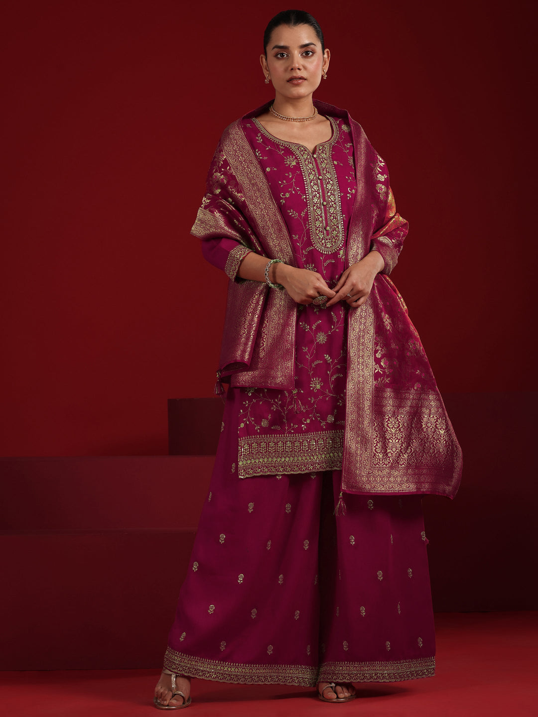  Pink Embroidered Silk Blend Straight Suit Set With Dupatta 