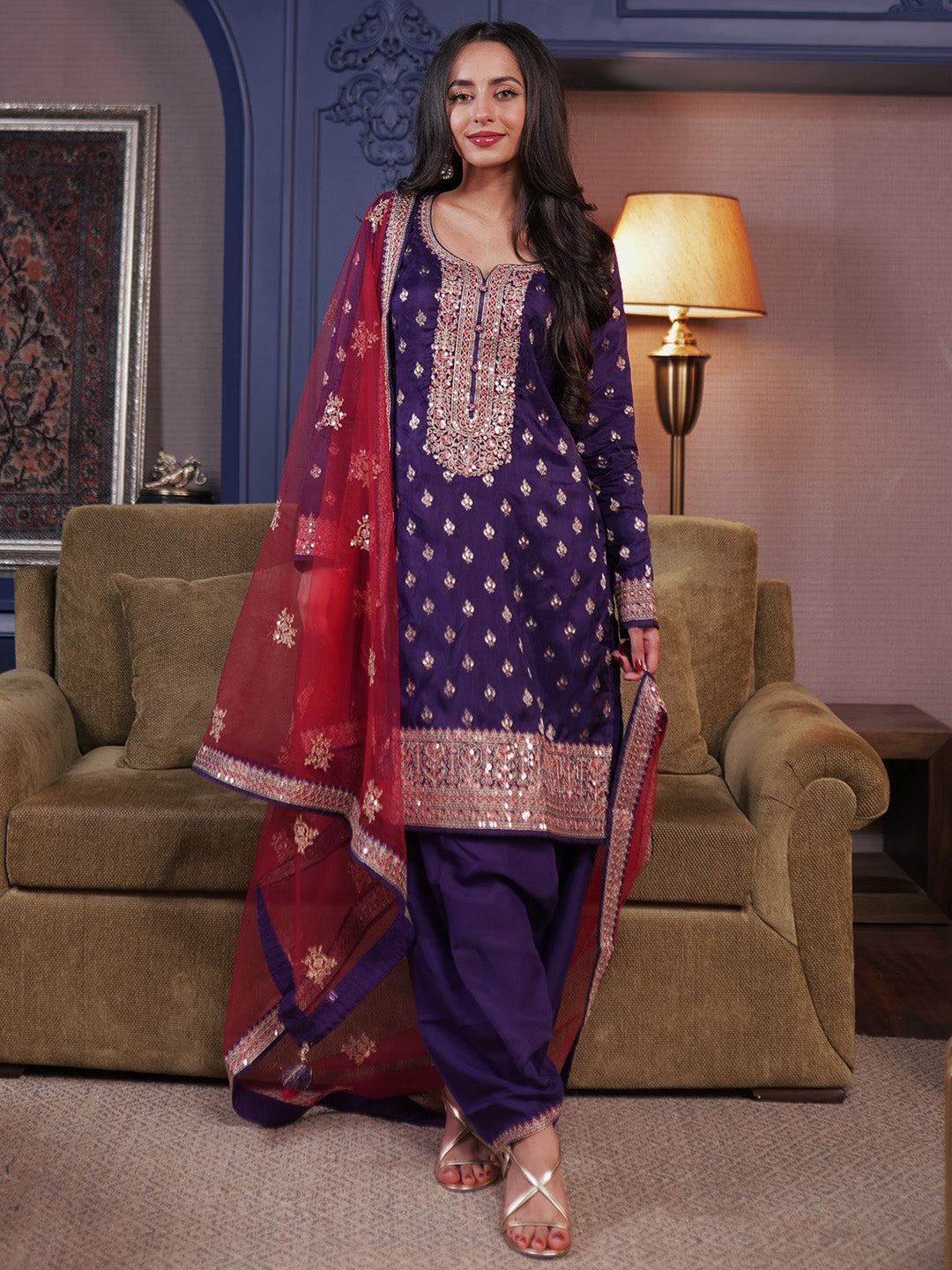 Libas Art Purple Embroidered Silk Blend Straight Suit Set With Dupatta-picture-53
