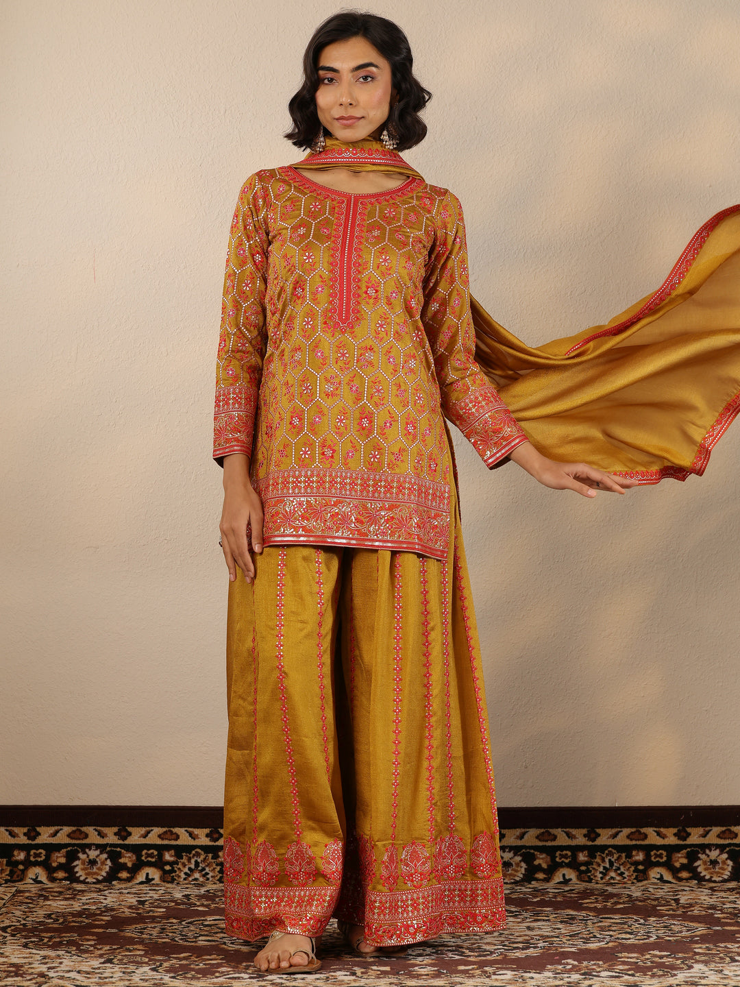  Libas Art Mustard Embroidered Silk Blend Straight Suit Set With Dupatta 