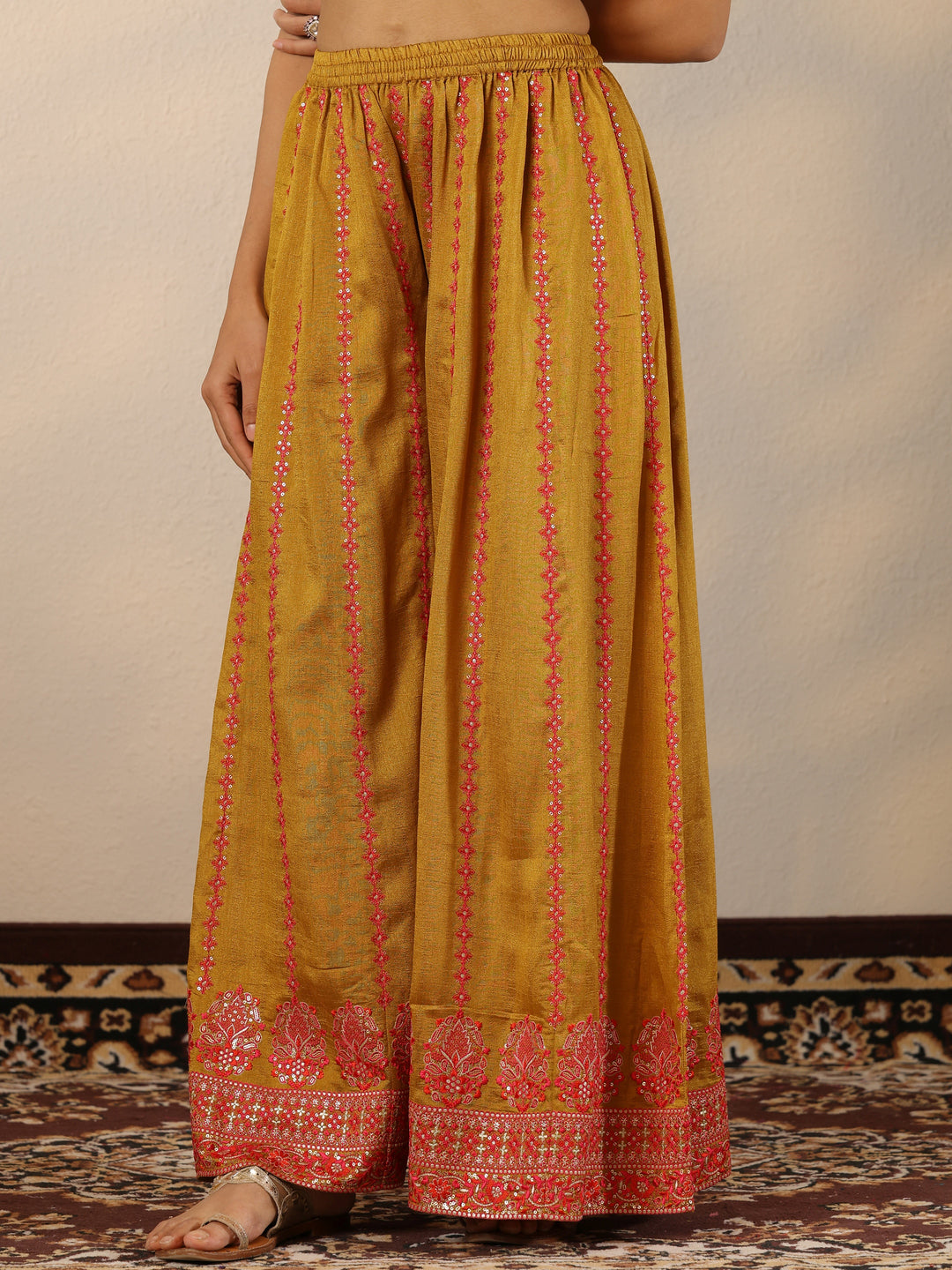  Libas Art Mustard Embroidered Silk Blend Straight Suit Set With Dupatta 
