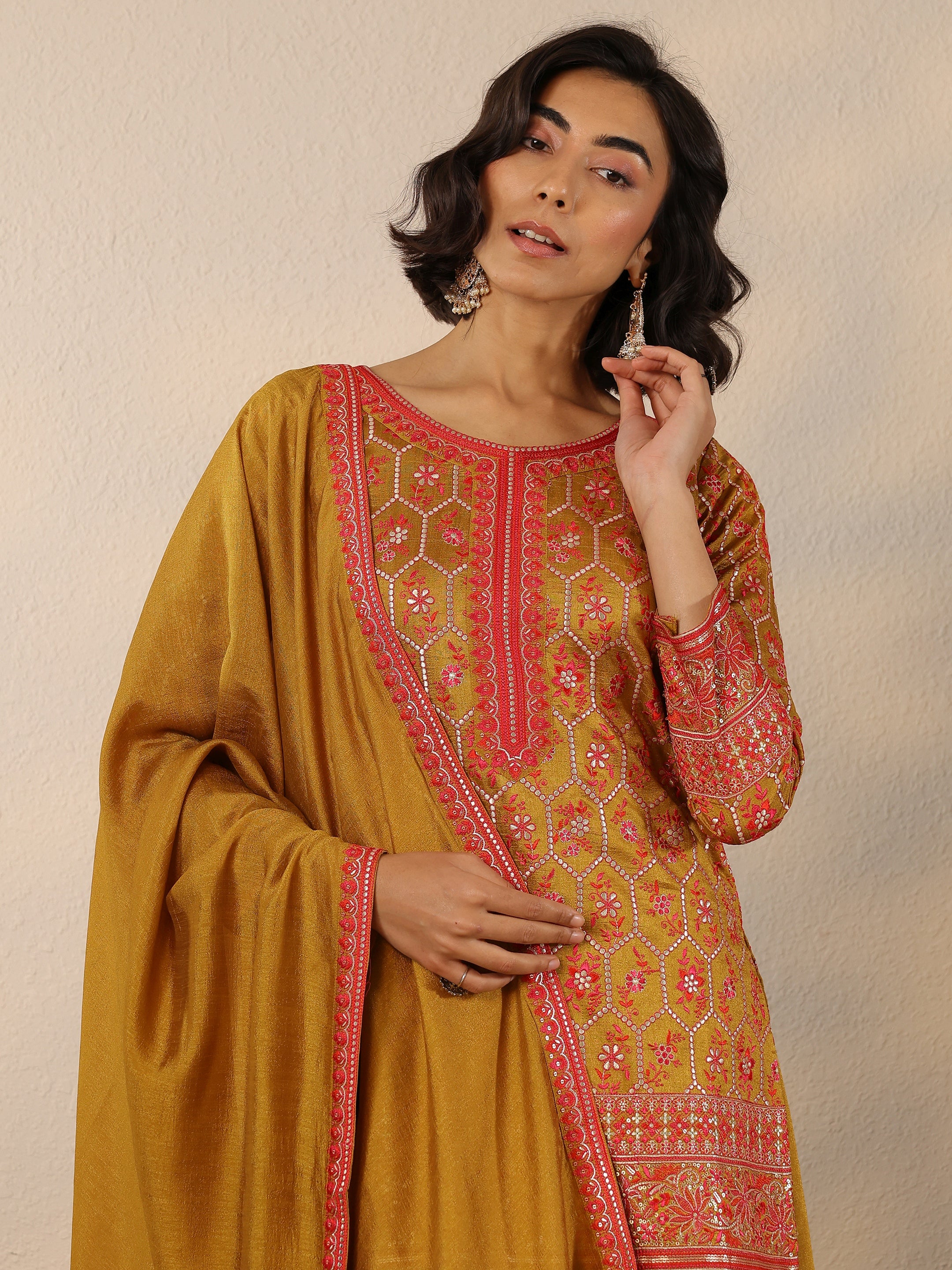 libas Mustard Embroidered Silk Blend Straight Suit Set With Dupatta-picture-11