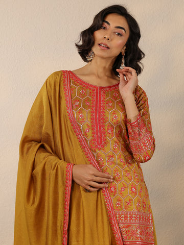 Mustard Embroidered Silk Blend Straight Suit Set With Dupatta