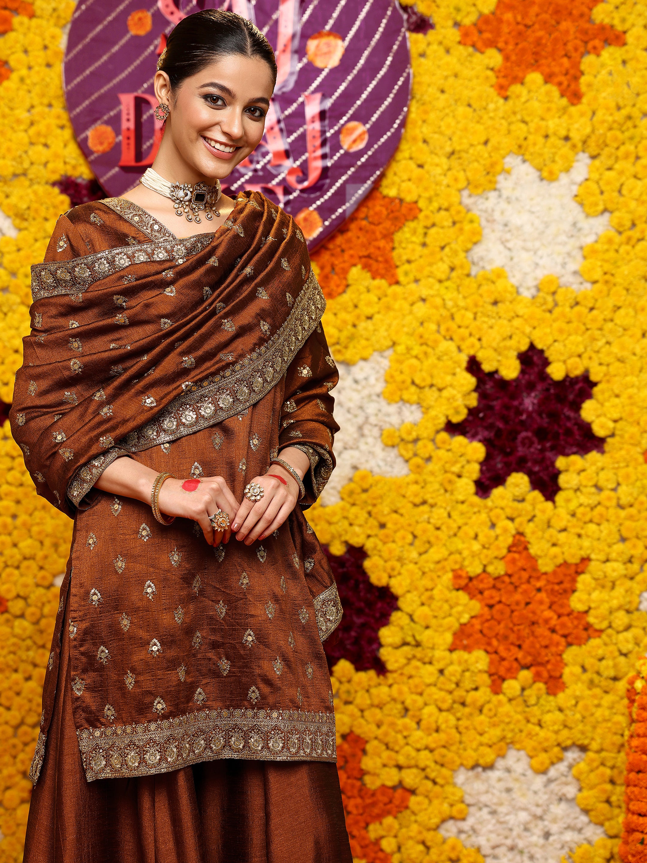 libas Brown Embroidered Silk Blend Straight Suit Set With Dupatta-picture-41
