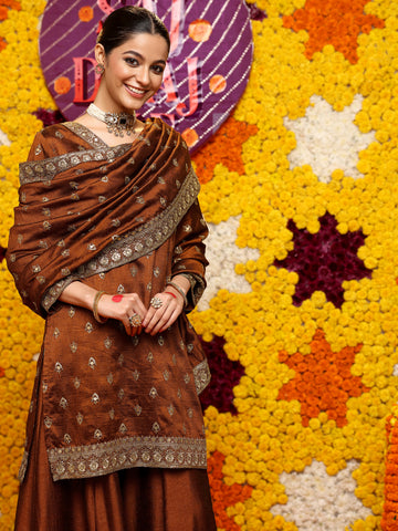 Brown Embroidered Silk Blend Straight Suit Set With Dupatta
