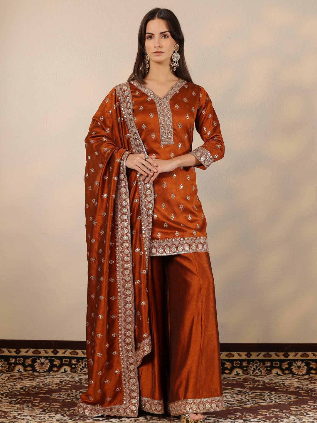  Libas Art Brown Embroidered Silk Blend Straight Suit Set With Dupatta 