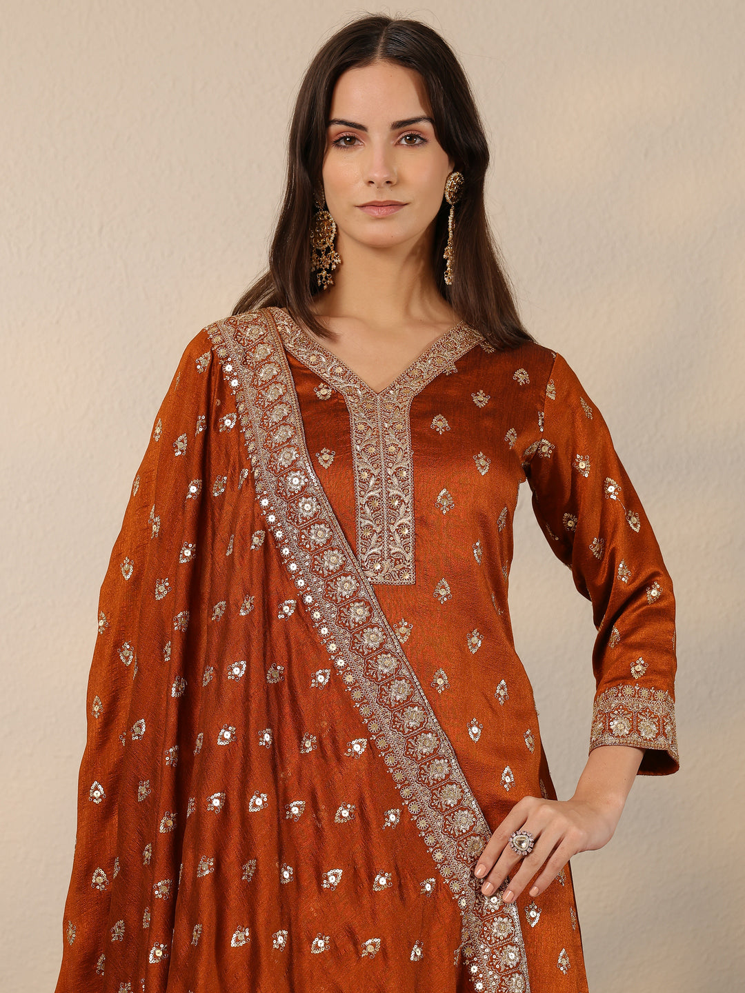  Libas Art Brown Embroidered Silk Blend Straight Suit Set With Dupatta 