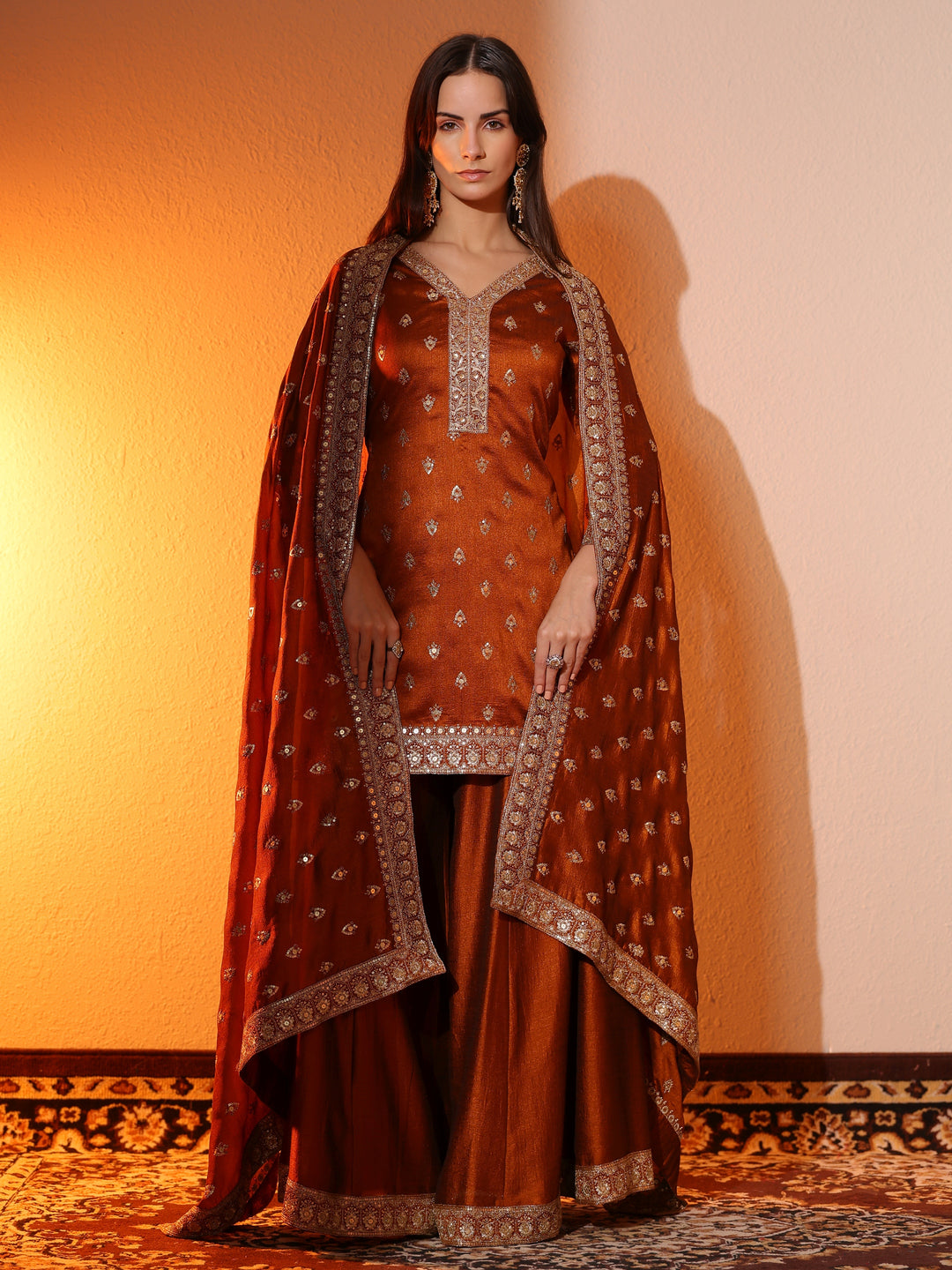 Libas Art Brown Embroidered Silk Blend Straight Suit Set With Dupatta