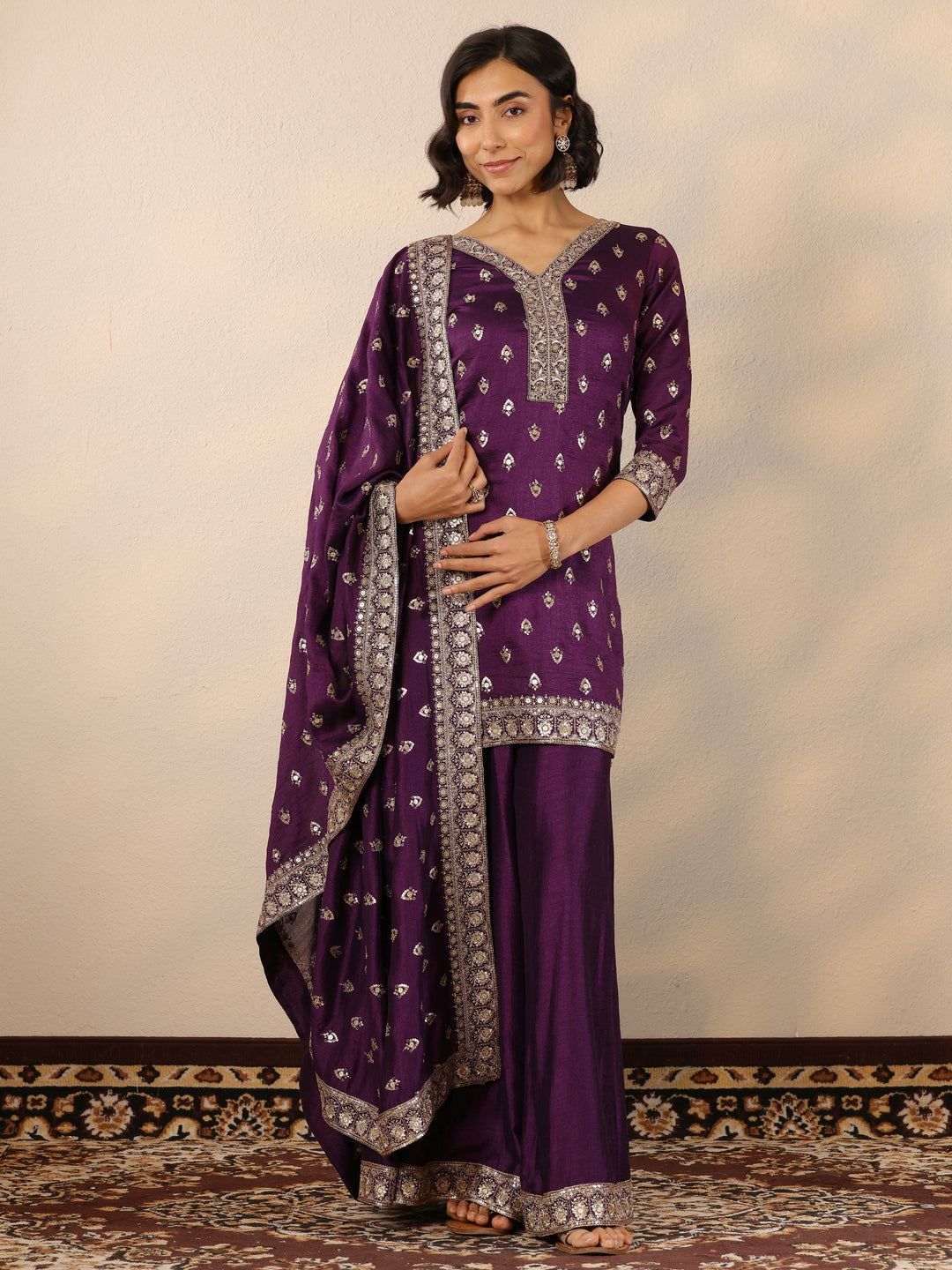 Libas Art Purple Embroidered Silk Blend Straight Suit Set With Dupatta 