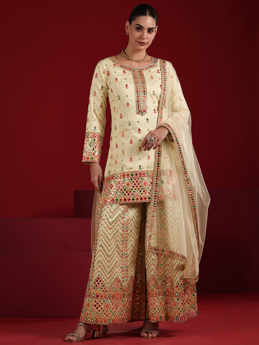  Libas Art Cream Embroidered Silk Blend Straight Suit Set With Dupatta 