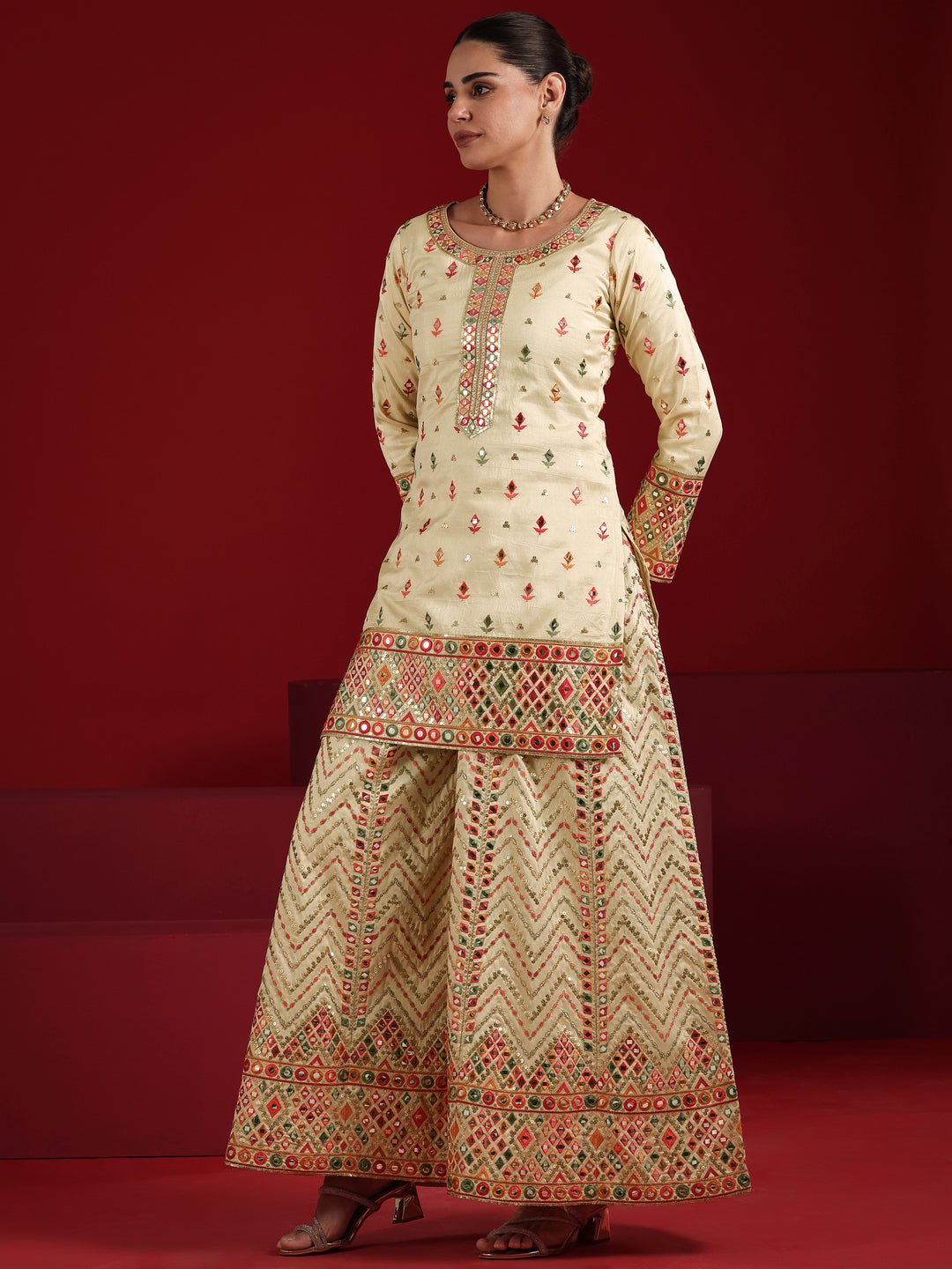  Libas Art Cream Embroidered Silk Blend Straight Suit Set With Dupatta 