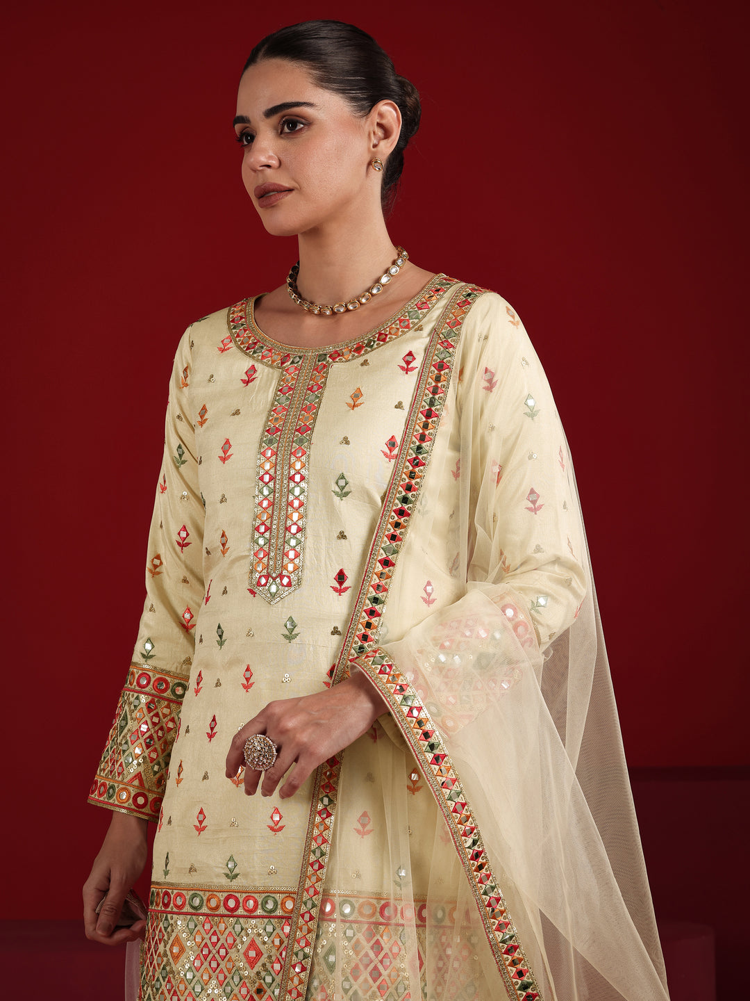  Libas Art Cream Embroidered Silk Blend Straight Suit Set With Dupatta 