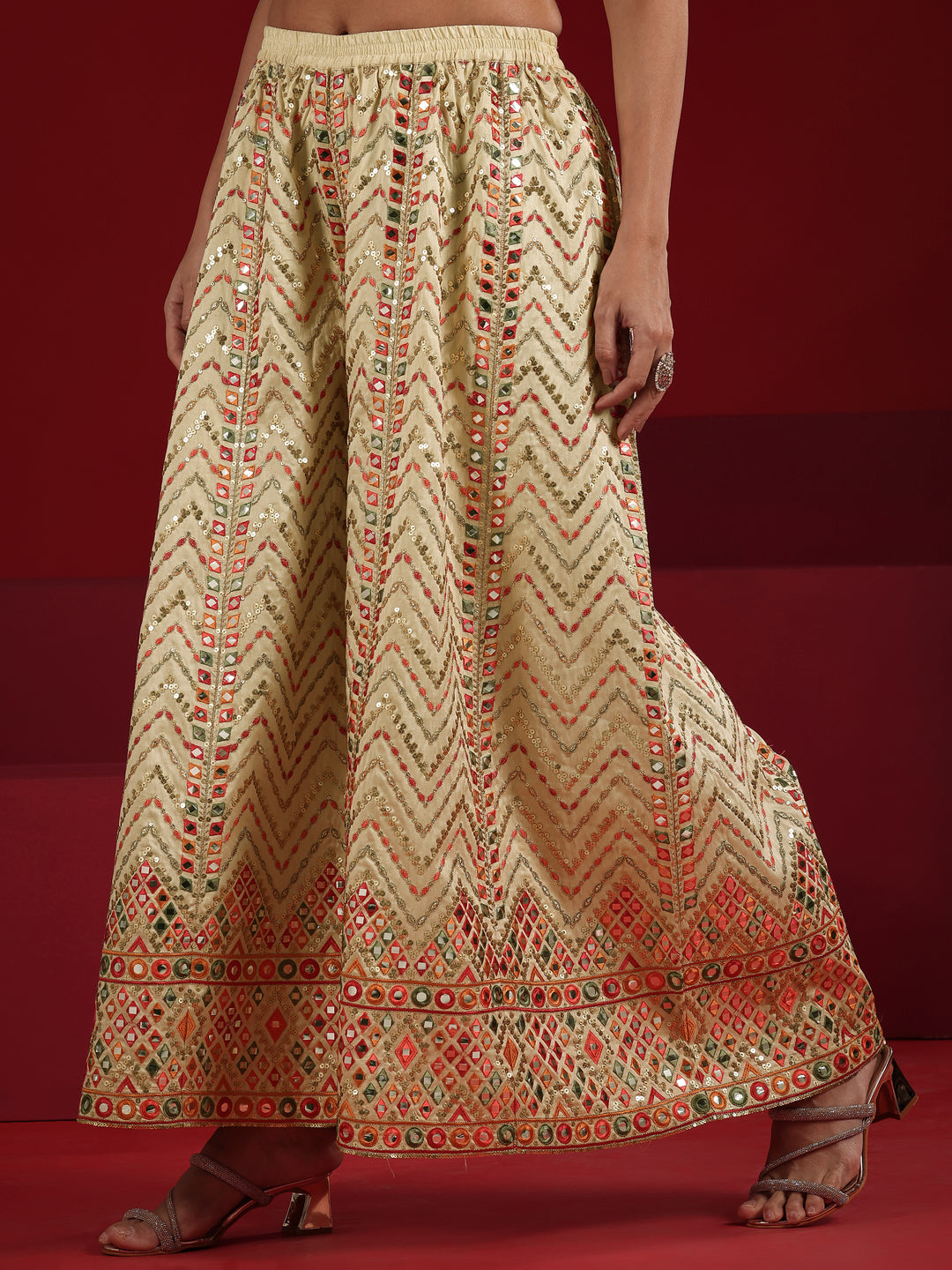  Libas Art Cream Embroidered Silk Blend Straight Suit Set With Dupatta 