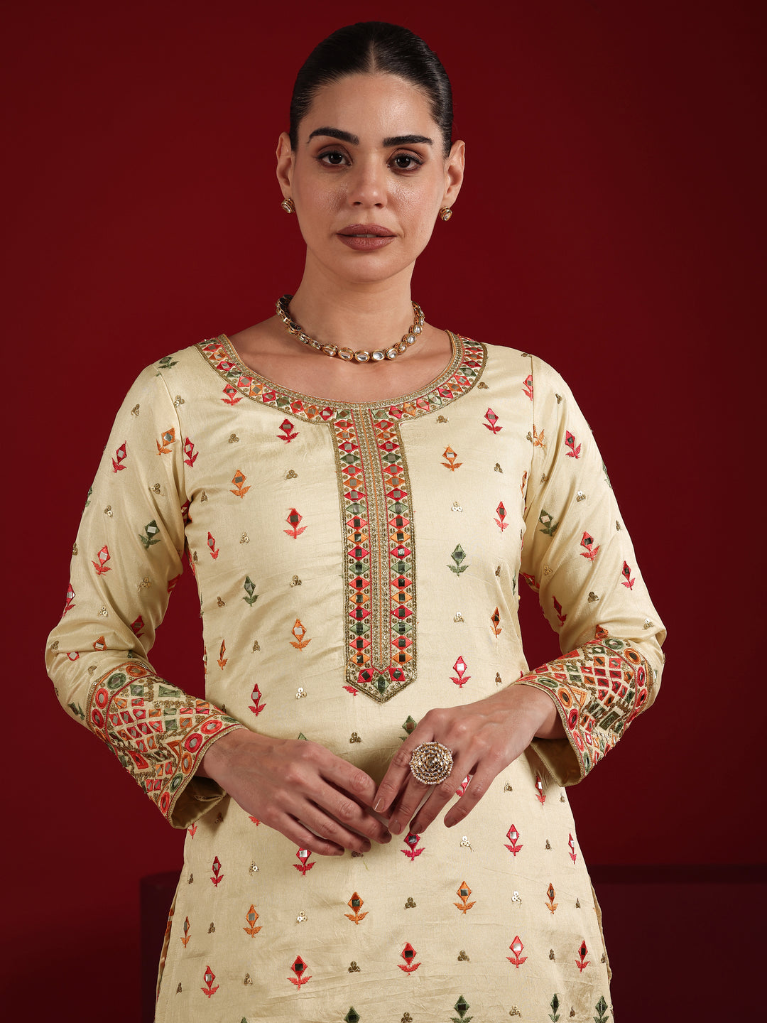  Libas Art Cream Embroidered Silk Blend Straight Suit Set With Dupatta 