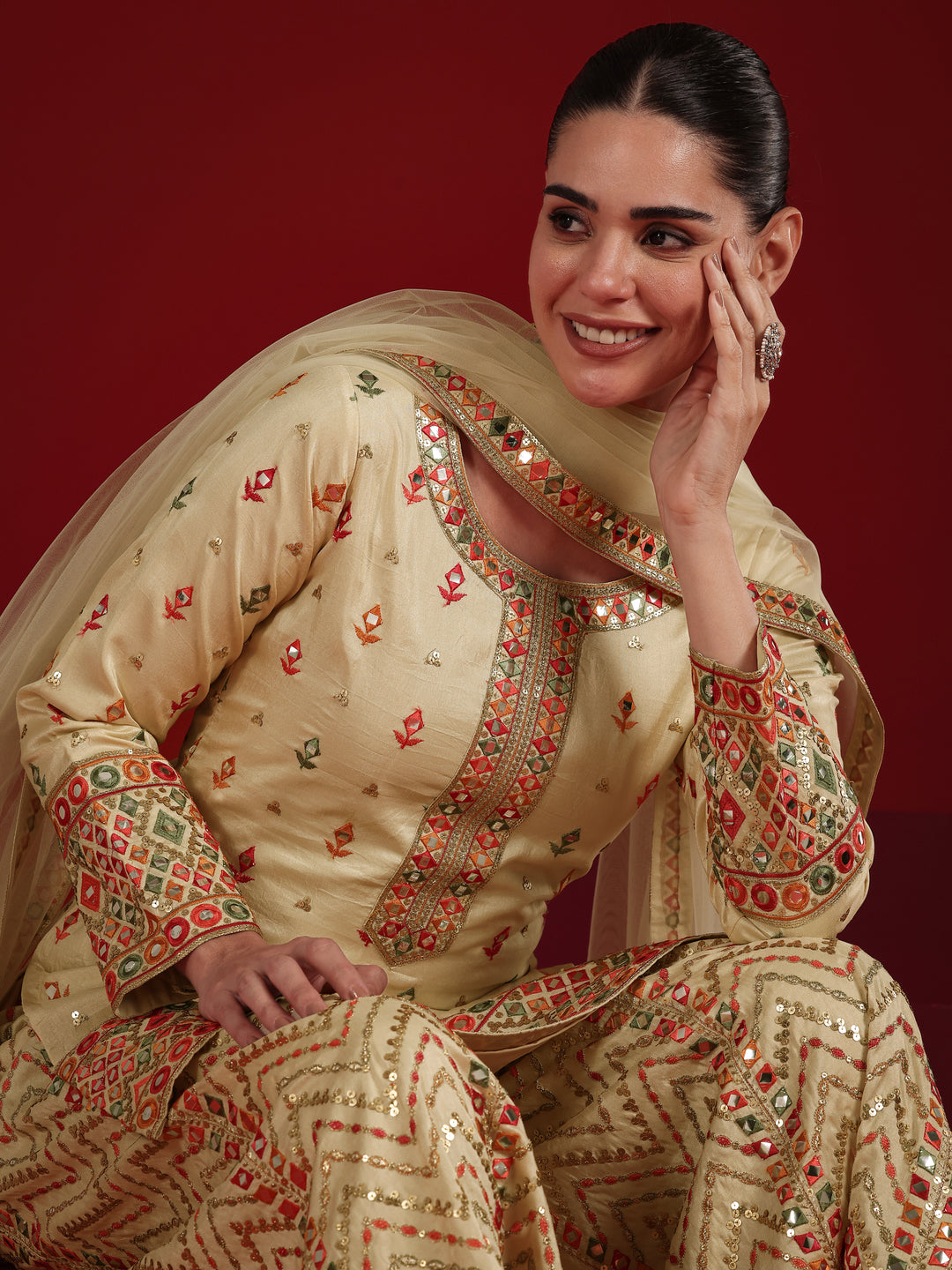  Libas Art Cream Embroidered Silk Blend Straight Suit Set With Dupatta 