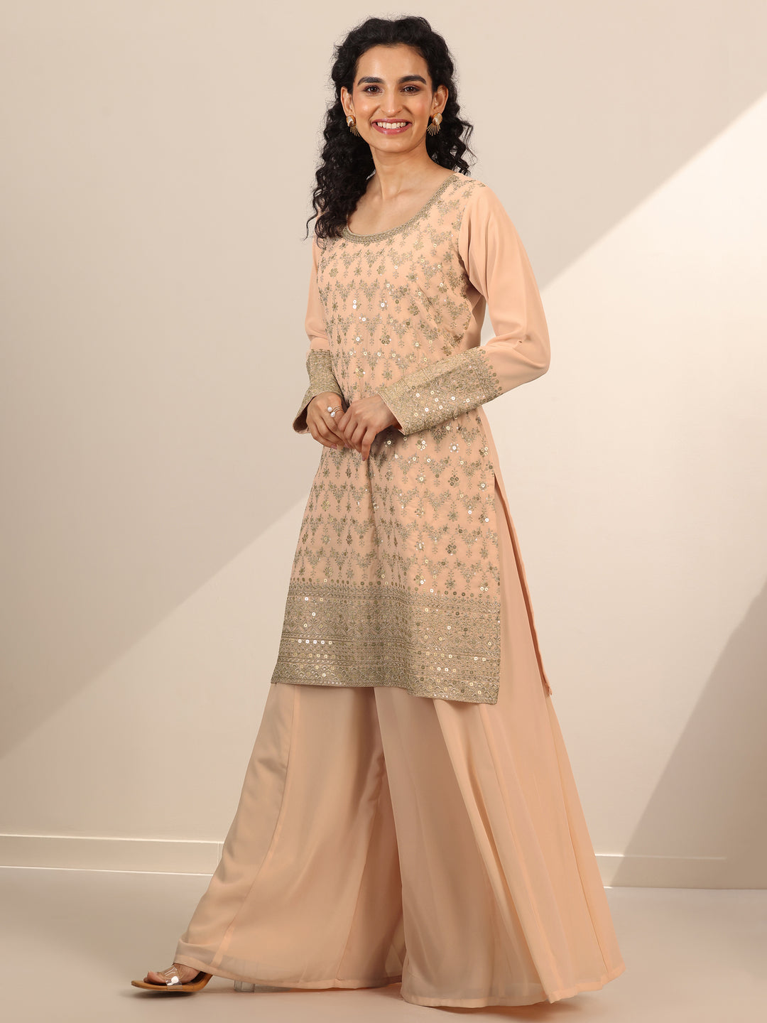  Libas Art Beige Embroidered Georgette Straight Sharara Suit Set With Dupatta 